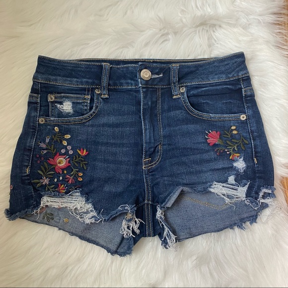 American Eagle Outfitters Pants - American Eagle Outfitters Floral Embroidered Boho Dark Denim Hi-Rise Shortie